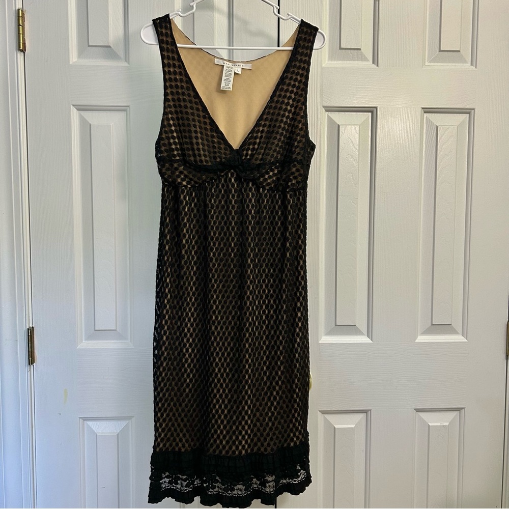 Max Studio Y2K Black Mesh Overlay Nude Lining Midi Babydoll Slip Dress Sz Large